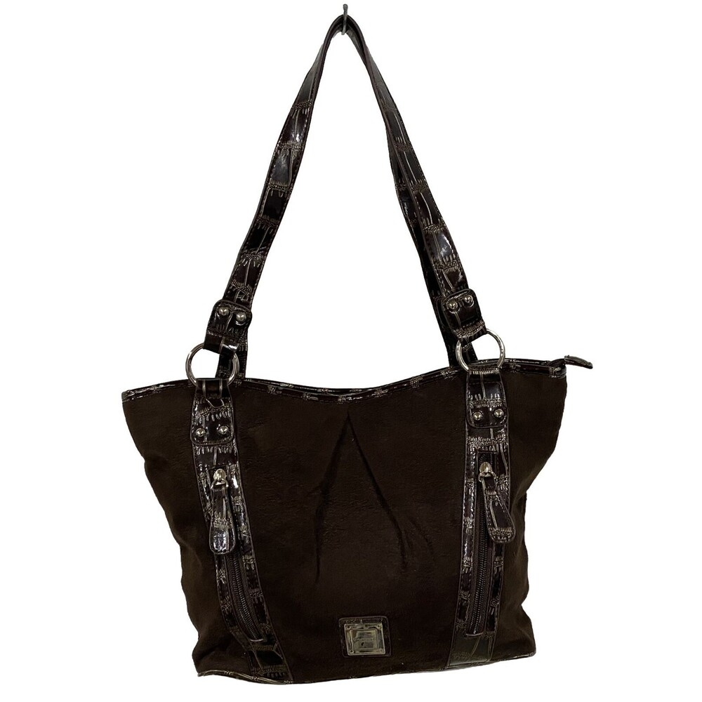 Sag Harbor Brown Lacquer Faux Crocodile Skin Handbag Purse Tote Silver Hardwear